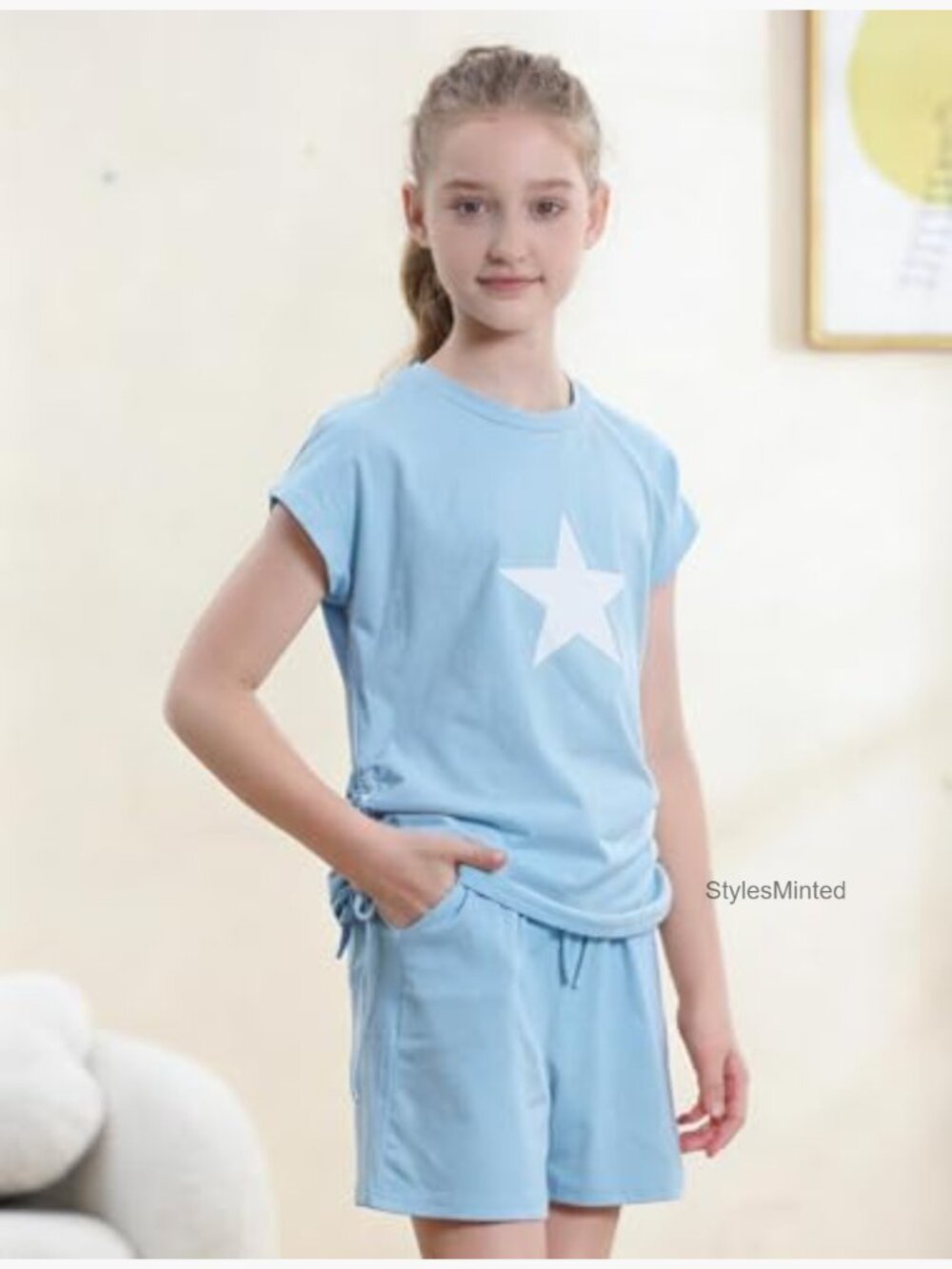 Girls Two Piece Short Set Star Pattern Ruched Drawstring 7-14 Years - Picture 4 of 6